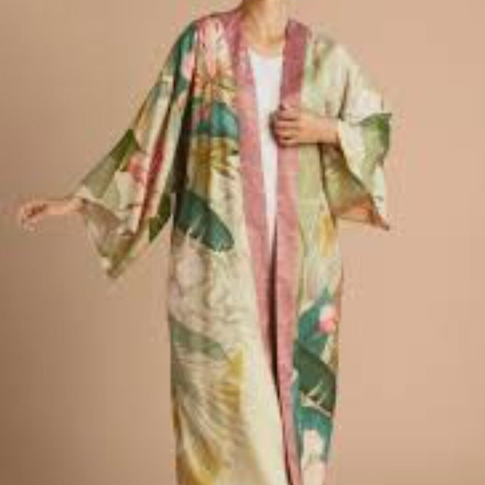 Powder Delicate Tropics Kimono Gown in Sage - One Size